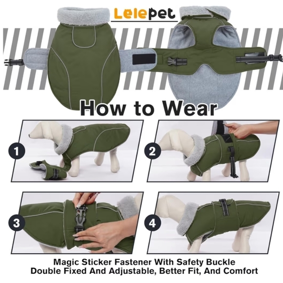 Army Green Dog Coat with Gray Trim - Picture 6 of 16